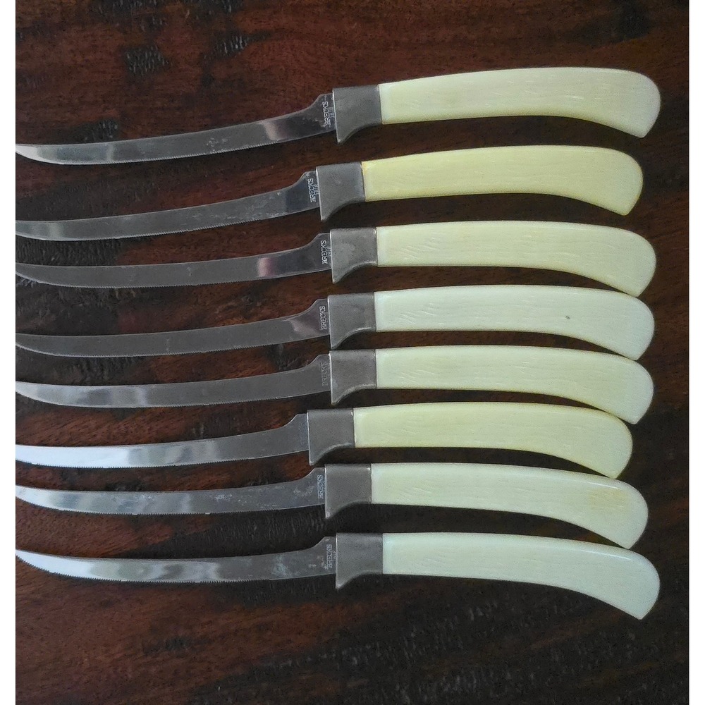 Vintage Brecks 1818 Steak Knife Set 8 Pc Cream Faux Bone Handle Serrated Blade